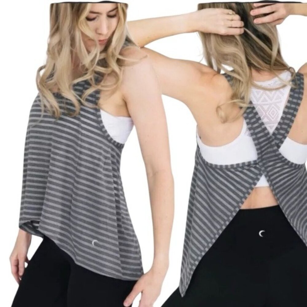 Zyia Womens Nimbus Tie-Back Tank Top Gray  Mesh Stripe Split Open Tie Back S